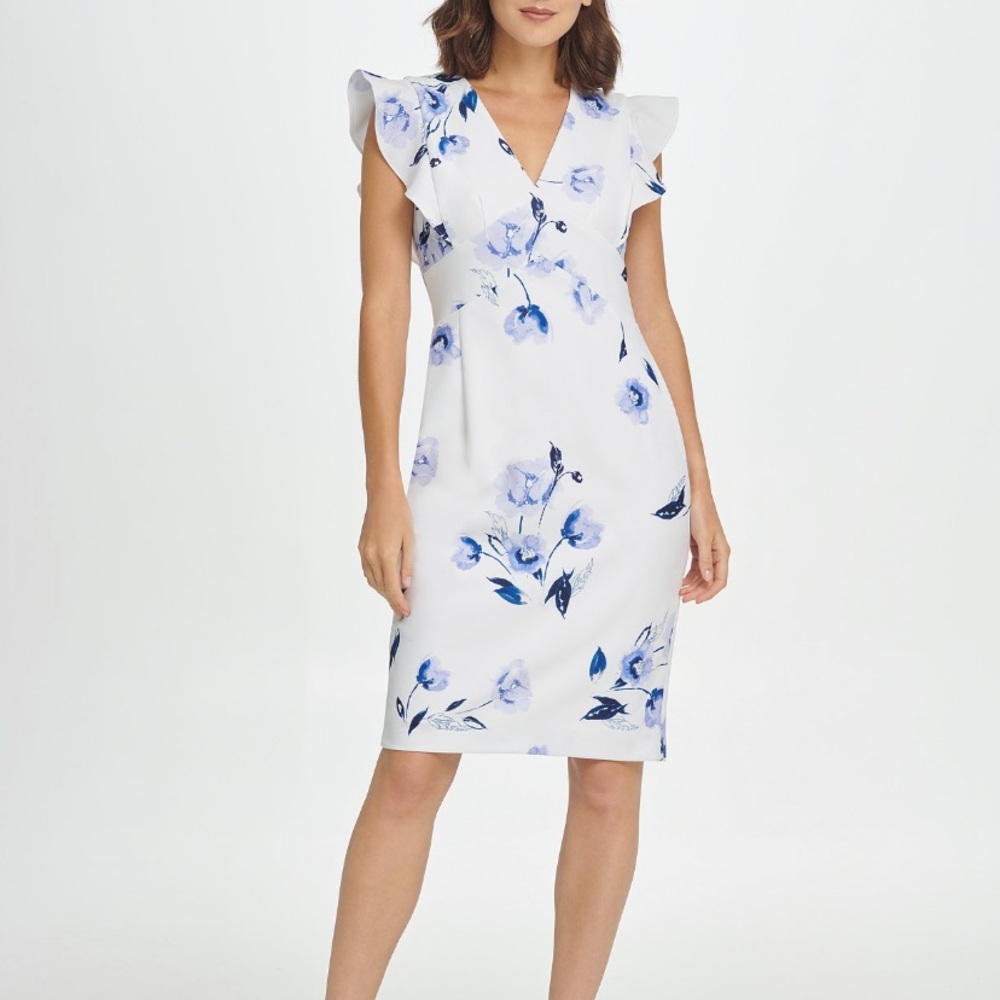 DKNY V-Neck Ruffle Cap Sleeve Sheath Dress